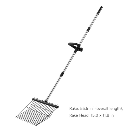 Manure Rake, Heavy Duty Steel Handle Rake, 53.5 in Long Reach