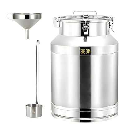 304 Stainless Steel Milk Can with Airtight Lid, 7.4Gal Heavy Duty Milk Transport Cans with Funnel Ladle, Sealed Container for Milk, Oil, Wine, Grain, Flour 28L - size: 28L