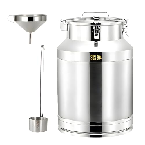 304 Stainless Steel Milk Can with Airtight Lid, 7.4Gal Heavy Duty Milk Transport Cans with Funnel Ladle, Sealed Container for Milk, Oil, Wine, Grain, Flour 28L - size: 28L