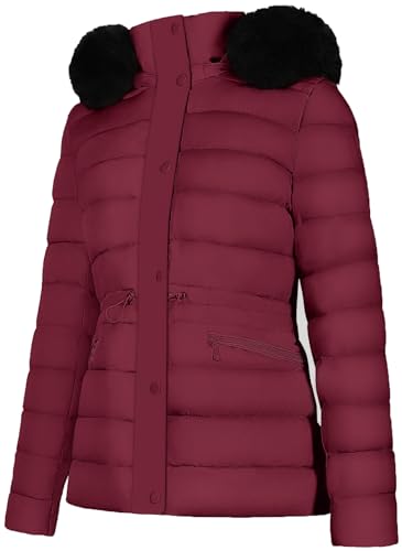 BodiLove Women's Fur Hooded Thickened Jacket with Fleece Lining - color: Burgundy-w/ Velvet Fur Trim, size: Small