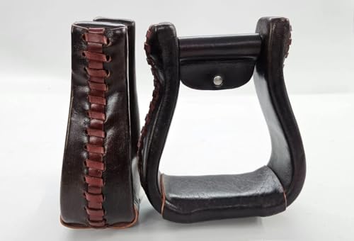 Western Leather Horse Riding Stirrups – Handcrafted Leather Covered Stirrups Pair with Braided Design Equestrian Saddle Stirrup for Riding & Training