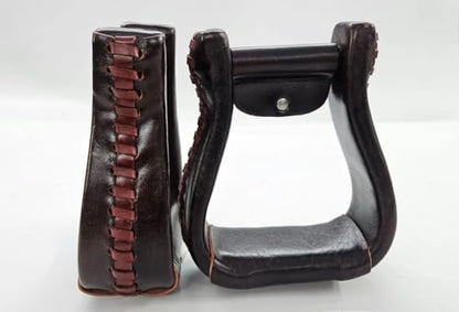 Western Leather Horse Riding Stirrups – Handcrafted Leather Covered Stirrups Pair with Braided Design Equestrian Saddle Stirrup for Riding & Training