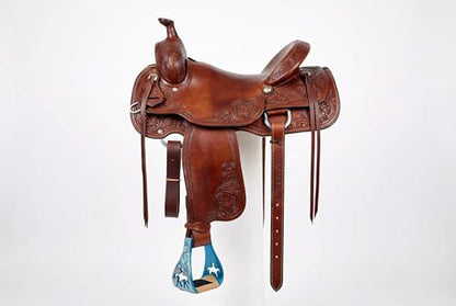 CHALLENGER Horse Western Saddle Turquoise Aluminium Bell Engraved Cut-Out Stirrups 51146v - color: Rider Turquoise