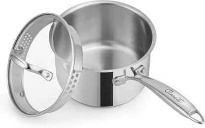 Ciwete 2 Qt Stainless Steel Saucepan with Glass Strainer Lid, 2 Quart Pot Stainless Steel Sauce Pan with Pour Spout, Mirror Polishing, Compatible with All Cooktops Dishwasher Safe Oven Safe - size: 2 Quart (With Glass Strainer Lid)