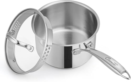 Ciwete 2 Qt Stainless Steel Saucepan with Glass Strainer Lid, 2 Quart Pot Stainless Steel Sauce Pan with Pour Spout, Mirror Polishing, Compatible with All Cooktops Dishwasher Safe Oven Safe - size: 2 Quart (With Glass Strainer Lid)