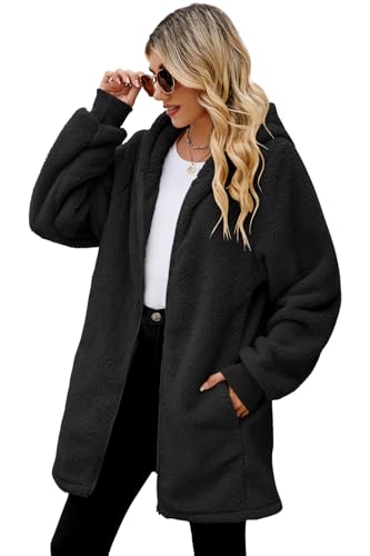 ReachMe Womens Fleece Zip Up Jacket with Pockets Oversized Long Sherpa Hoodie Fuzzy Jackets Warm Teddy Coat - color: 01 Black, size: Large