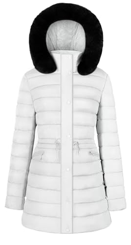 BodiLove Women's Fur Hooded Thickened Jacket with Fleece Lining - color: White Hip-length, size: Medium