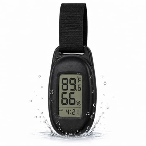 Portable Digital Thermometer Hygrometer, Mini Indoor Outdoor Temperature Humidity Monitor with Clock, Backlight & IPX4 Splash Proof, Compact Travel Thermometer for Backpack, Greenhouse, Camping