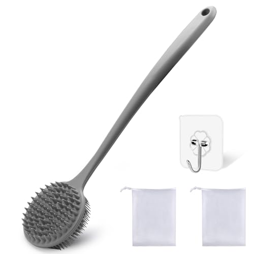 Silicone Body Scrubber for Shower Men Women – Dual-Sided Exfoliating & Massage Shower Brush with Long Handle, Creates Rich Lather, Includes 1 Hook & 2 Lather Balls (Gray). - color: Gray