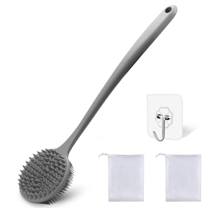 Silicone Body Scrubber for Shower Men Women – Dual-Sided Exfoliating & Massage Shower Brush with Long Handle, Creates Rich Lather, Includes 1 Hook & 2 Lather Balls (Gray). - color: Gray