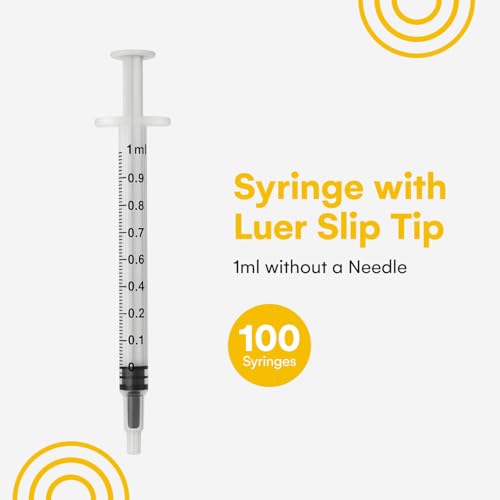 Care Touch 1ml Syringe Only - 100 Sterile Syringes (No Needle) (1ml Luer Slip Tip, 100),100 Count (Pack of 1) - size: 1 ml