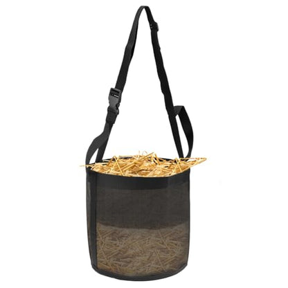 QWORK Horse Feed Bag Grain, Black PVC Mesh Horse Feeder with Adjustable Strap, (Fits Small to Full-Sized Horses)