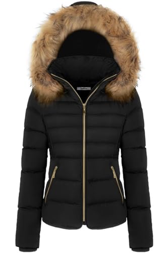 BodiLove Women's Fur Hooded Thickened Jacket with Fleece Lining - color: Black, size: Medium