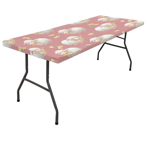 Rectangle Table Cloth,Pink Small Sheep Elastic Fitted Tablecloths 48x30 Inch,Waterproof Windproof Washable Polyester Table Cover for Picnic, Camping, Outdoor