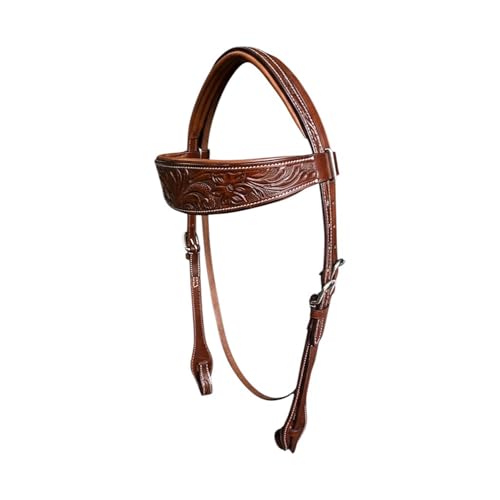 Majestic Ally Horse Headstall, Natural, Super Leather, Antique, Tooling, Quick Bit Change Padded Western Browband Headstall - color: TAN