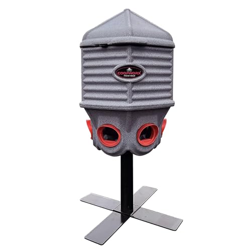 CoopWorx Feed Silo II, 40 lb Capacity, Rotomolded HDPE with UV-8 Stabilizer, Aluminum Post Mount, 6 Feed Ports, Lockable Hinged Lid, for Chicken Feed Storage