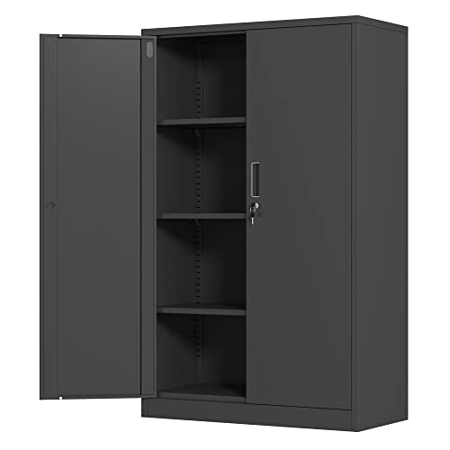 Metal Storage Cabinet with Locking Doors and 3 Adjustable Shelves, 53.5-Inch Lockable Storage Cabinets for Home Office Garage Kitchen Pantry (Black) - color: Black, size: 53.5"H