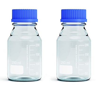 250ML Storage Glass Bottles – 2pcs Round Media Storage Bottle – Borosilicate Glass Bottles – Safe Probe Storage Glass Storage Bottles with GL45 Blue Screw Cap (250ml - 2pcs) - size: 250ml - 2pcs
