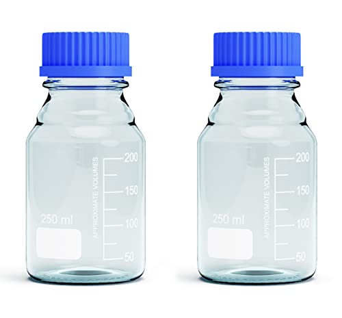 250ML Storage Glass Bottles – 2pcs Round Media Storage Bottle – Borosilicate Glass Bottles – Safe Probe Storage Glass Storage Bottles with GL45 Blue Screw Cap (250ml - 2pcs) - size: 250ml - 2pcs