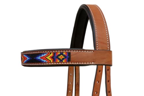 Horse Western Tan Leather Padded Bitless Training Sidepull Bridle Reins - color: Tan Beaded