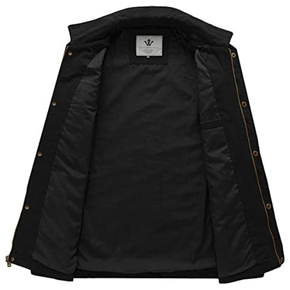 WenVen Men's Casual Canvas Cotton Military Lapel Jacket - color: Black, size: Small