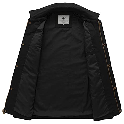 WenVen Men's Casual Canvas Cotton Military Lapel Jacket - color: Black, size: XX-Large