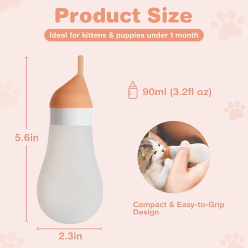 Silicone Kitten/Puppy Feeding Bottle, Squeezable, 3.2oz White | Soft silicone squeezes to control flow. Anti-choke vent. Kit includes syringe, extra nipples, needles for safe feeding.
