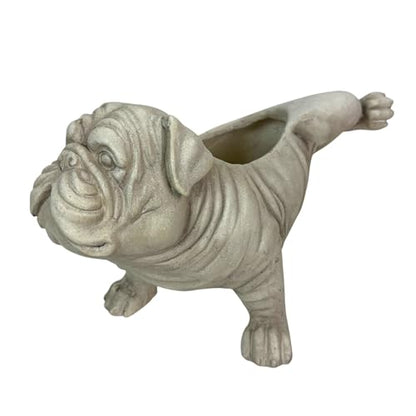 Zeckos Bulldog Animal Planter, 18 Inch Wide White Antique Stone Finish | Magnesium Oxide, Freestanding Display, Drain Hole, 7.5 X 4.25 Inch Opening, 10 Inch Deep - color: Bulldog - White