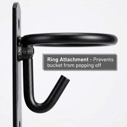 QWORK Metal Bucket Hangers for Horse Stalls, Black Wall Mount Holder with Ring Attachment, Multi-Purpose for Horses, Goats, Donkeys, and More - Includes 4 Hooks and Stainless Steel Screws