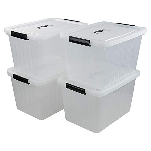 25 Quart Clear Latching Tote, Plastic Storage Bin, Pack of 4 | Lidded Container with Black Handle - size: 25 Quart