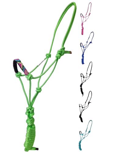 Tahoe Tack Copper Tip® Series Braided Rope Horse Halter with Navajo Beaded Noseband, Cowboy Knots, 10 Ft Lead - color: Lime Green/Turquoise