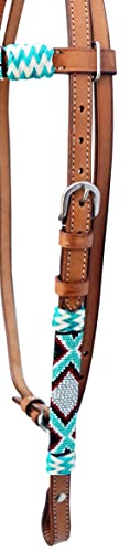 Western Horse Headstall Standard Size – Adjustable Hand Braided Genuine Leather Bridle with Rawhide Knotting, Stitched Accents & Multicolor Beads, Western Riding Tack, Brown