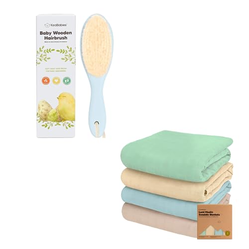 KeaBabies Baby Hair Brush and 4-Pack Muslin Swaddle Blankets for Baby Boys, Girls - Baby Brush with Soft Goat Bristles, Organic Baby Blankets for Girl, Boy