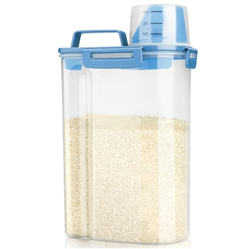 Viretec Rice Airtight Storage Container, 3 to 5Lbs Cereal Dry Food Flour Bin, Pet Dog Cat Food Dispenser with Measuring Cup, BPA Free Clear Plastic Kitchen and Pantry Organization Bin for Sugar, Pasta - color: 3L/Blue