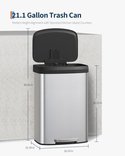 Garvee 21 gal / 80 L Stainless Steel Trash Can with Lid, Large Garbage Can for Kitchen, Rustproof Step-on Kitchen Metal Trash Bin with Liner Rim, Rear Handle, Soft Close Plastic Lid, Silver - color: Silver, size: 21.1 Gallons