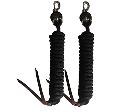 Majestic Ally 14' Pack of 2 Poly Training Lead Rope with Leather Popper for Horses & Livestock – 14 Foot Long and 5/8 inch Thick - Replaceable Heavy-Duty Bolt Snap (Black) - color: Black