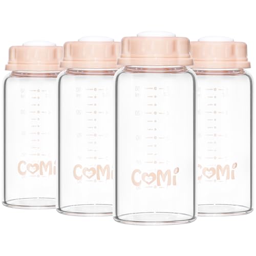 COMI Natural Glass Baby Bottle,Standard Neck Breastmilk Storage Bottle for Fridge,Breast Milk Container,Breast Pump Bottle Compatible with Medela Breast Pump,BPA Free,4PCS(5oz,4 Pink Lids) - style: 4Pink