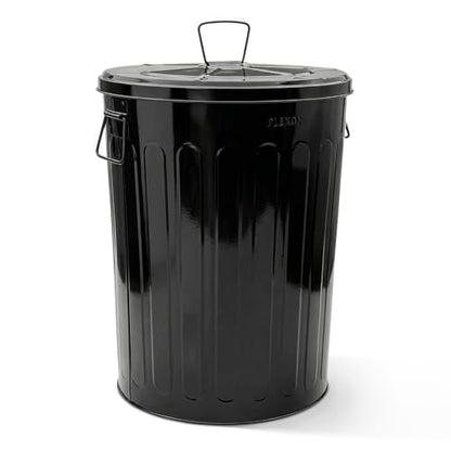 Plexon 20 Gallon Metal Trash Can with Lid Outdoor Large Trash Bin Steel Garbage Can for Garage Patio Farmhouse Bucket Bird Seed Storage Can Heavy Duty Round Container, Black - color: Black