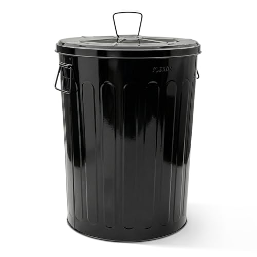 Plexon 20 Gallon Metal Trash Can with Lid Outdoor Large Trash Bin Steel Garbage Can for Garage Patio Farmhouse Bucket Bird Seed Storage Can Heavy Duty Round Container, Black - color: Black