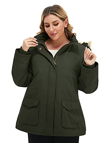 Soularge Women's Winter Plus Size Sherpa Lined Jacket with Hood | Women's Plus Size Workwear Fit,100% Cotton Outer Shell,Soft Fleece Lining,Windproof Stand Collar - color: Army Green, size: 6X