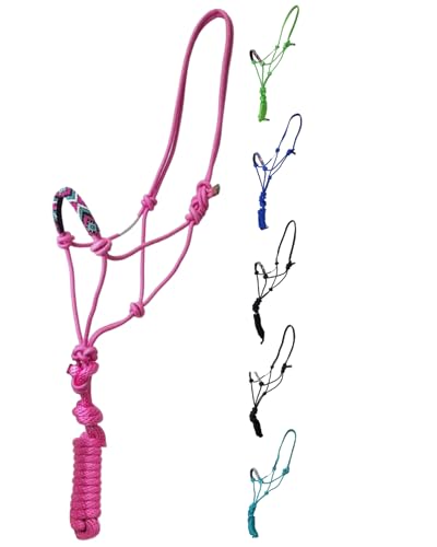 Tahoe Tack Copper Tip® Series Braided Rope Horse Halter with Navajo Beaded Noseband, Cowboy Knots, 10 Ft Lead - color: Pink/Pink