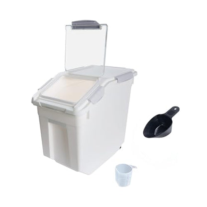 Airtight Flour Storage Container 25 lb Rice Storage Container with Wheels Seal Locking Lid, Food Containers with Measuring Cup& Scoop for Flour, Rice, Grain(Gray) - color: Gray 1 Count