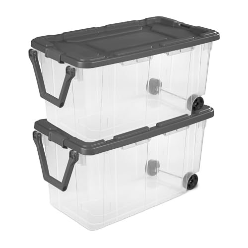160 Quart Wheeled Stacker, Extra Large Durable Clear Bin, Latch Lid and Pull Handle, Gray, 2 Count