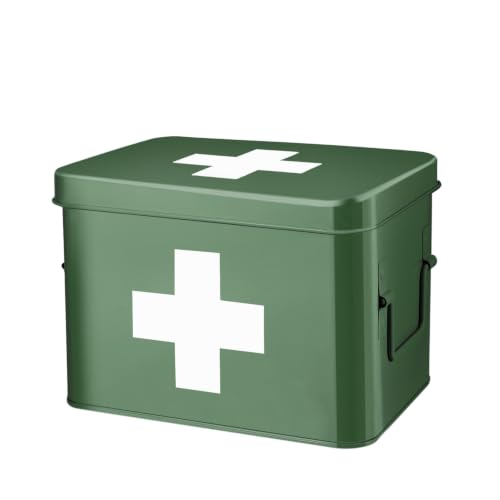 Flexzion Large Metal First Aid Box Empty, 8.5-Inch, Green with White Cross - color: Green, size: 8.5 Inch without Latch Lock