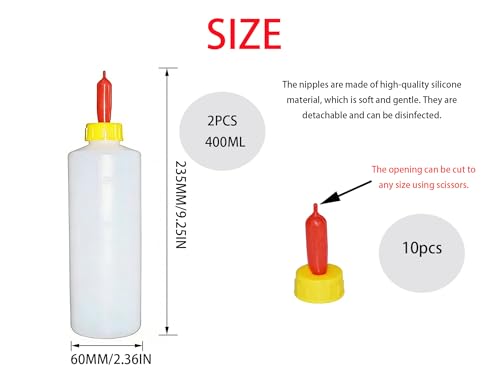 Goat Feeding Bottle Set, 400 ml Heavy-Duty Plastic Lamb Feeding Bottle, 2 Pack with 10 Silicone Nipples, Nursing Bottle for Lambs, Goats, Calves