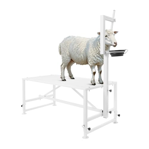 47 in Goat Milking Stand, 600 LBs Stand for Goat Milk and Sheep Trimming, Metal Goat Stand with Headpiece and Feeding Bin for Grooming, Shearing,and Milking (White) - color: White