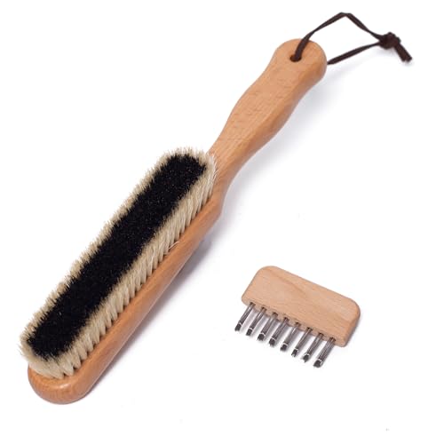 Lint Brushes for Clothes, 100% Natural Boar Bristle Clothes Brush for Cashmere & Wool, Cashmere Comb & Sweater Comb, Removes Fibres & Pet Hair, with Hanging Hole & Straps, Includes Cleaning Comb