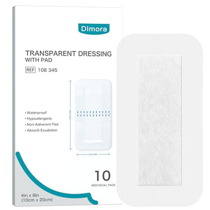 Dimora Waterproof Transparent Film Dressing with Pad, Large Clear Bandage Tape for Wound Care, Adhesive Post Surgical Cover Pad，for IV Shield, Tattoo Aftercare, Shower Protector 4x8 inch 10 Packs - size: 4x8 Inch