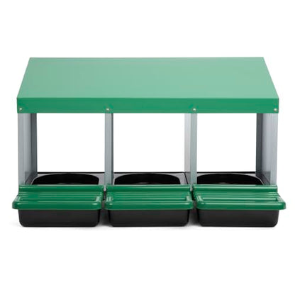 Homestead Essentials Classic Style 3 Compartment, Forward Rollout & Rollaway, Hen & Chicken Nesting Box with Integrated Perch and Protective Egg Laying Collection Lids - size: 3 Compartment
