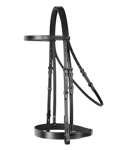 Exion Flat Hunter Bridle with Laced Reins – Classic English Leather Horse Bridle Set – Traditional Flat Browband & Broad Cavesson Noseband Tack, Brown Havana Choco, Cob Full Warmblood Sizing - color: Black, size: Pony/Small Size